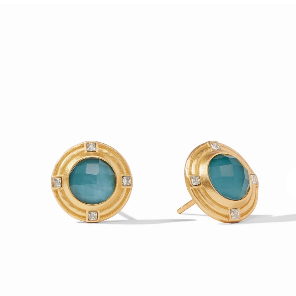 JULIE VOS® Astor Stone Stud Quatrefoil CZ Earrings Iridescent Peacock Blue.